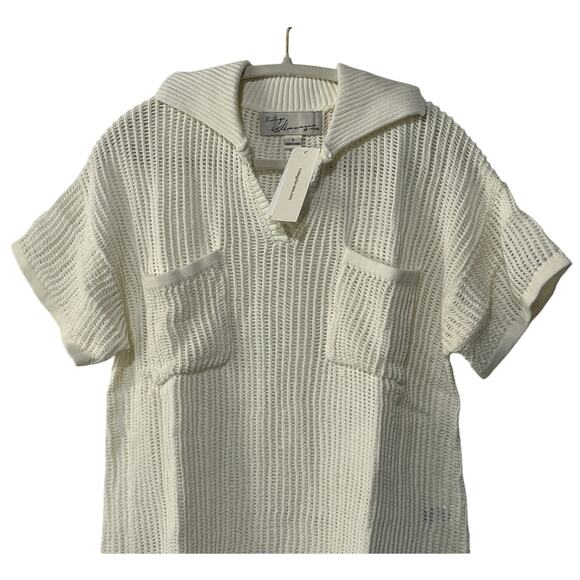 VINTAGE HAVANA WOMENS SMALL COLLARED V-NECK OPEN KNIT POLO COTTON SWEATER WHITE - Picture 7 of 12